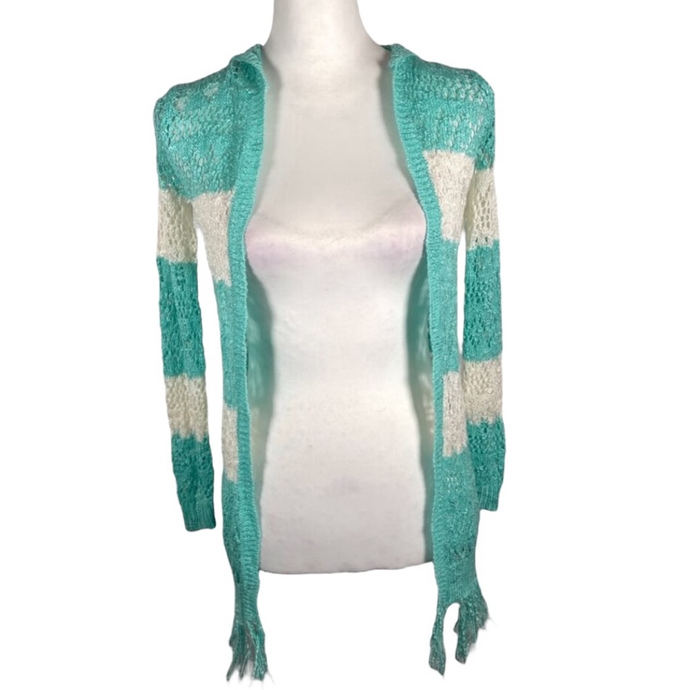 Heart N Crush Mint Green Ivory Hooded Open Weave 3/4 Sleeve Cardigan Sweater S